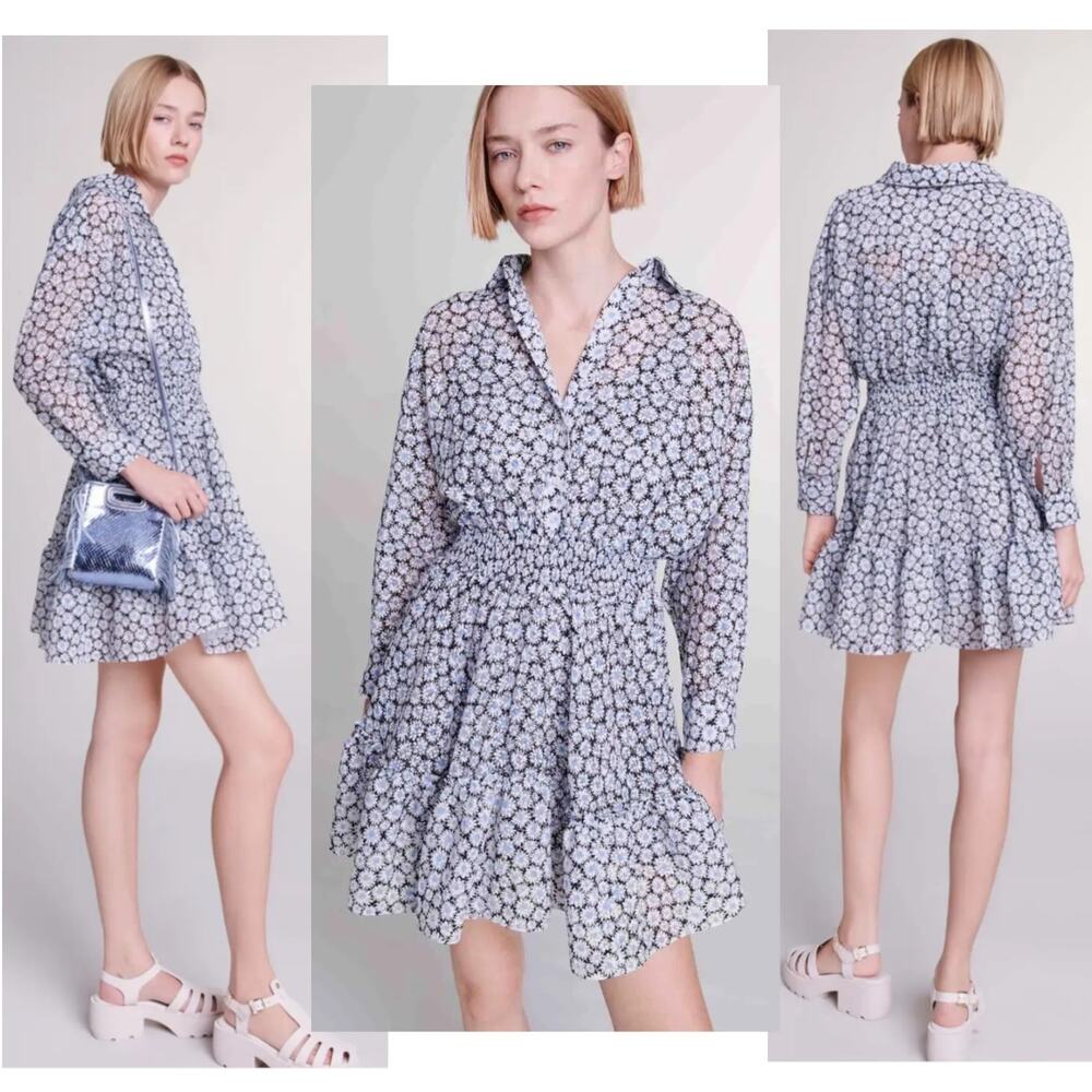 MAJE Flared Floral Gauze Mini Skater Dress Coquette Flirty Boho Cocktail Blue